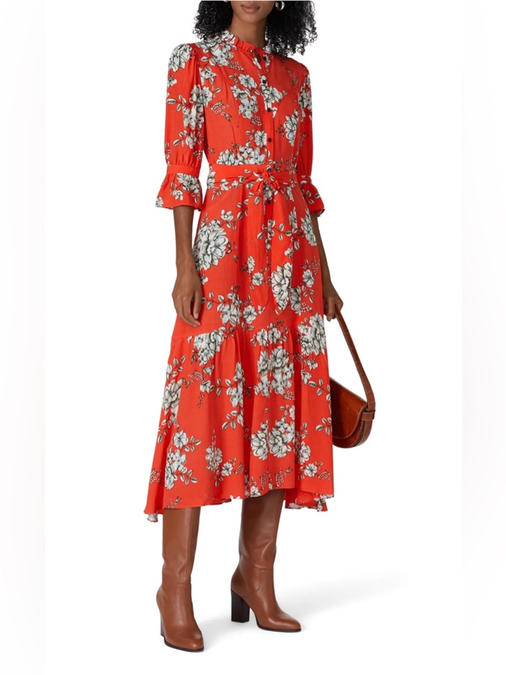 Marissa Webb Coral Red Floral Tie-Waist Midi Dress